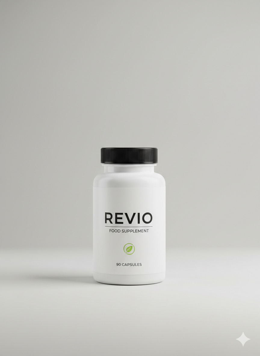 Revio food supplement bottle on a neutral surface with soft studio lighting